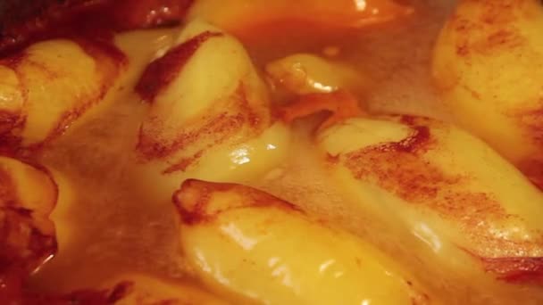 在番茄酱特写的平底锅里塞满辣椒 煮蔬菜 — 图库视频影像