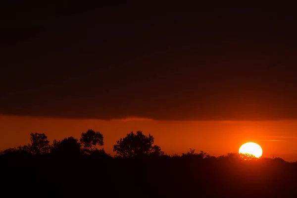 Panorama of Amazing Beautiful Sunset Sunrise Over Dark Landscape Silhouette — Stock Photo, Image