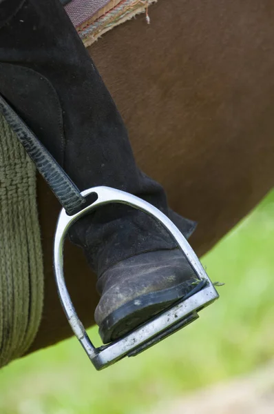 Bota de jinete y primer plano de caballo Dressage en detalle estribo — Foto de Stock