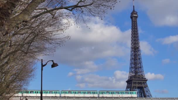 Paris'te Seine Eyfel Kulesi arka planda kapısı metro — Stok video