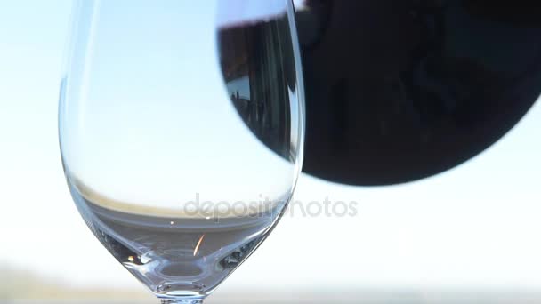 Glas gefüllt mit Rotwein mit Karaffe auf weißem Hintergrund — Stockvideo