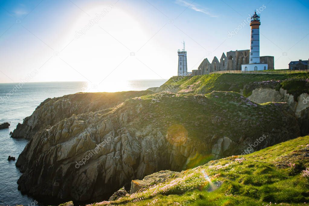 Abbey ruin and lighthouse, Pointe de Saint-Mathieu, Brittany, France