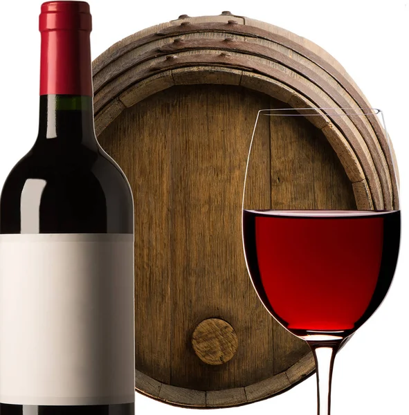 Barrel Wine, Bottle of Wine, Glass of red wine on a white background — Stock Photo, Image