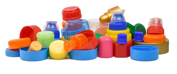 Tampas de rosca de garrafa de plástico isoladas em branco — Fotografia de Stock
