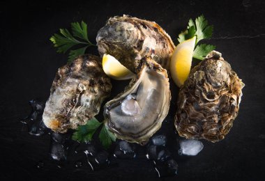 Limon ve istiridye bıçak ile taş kayrak plaka üzerinde açılan istiridye