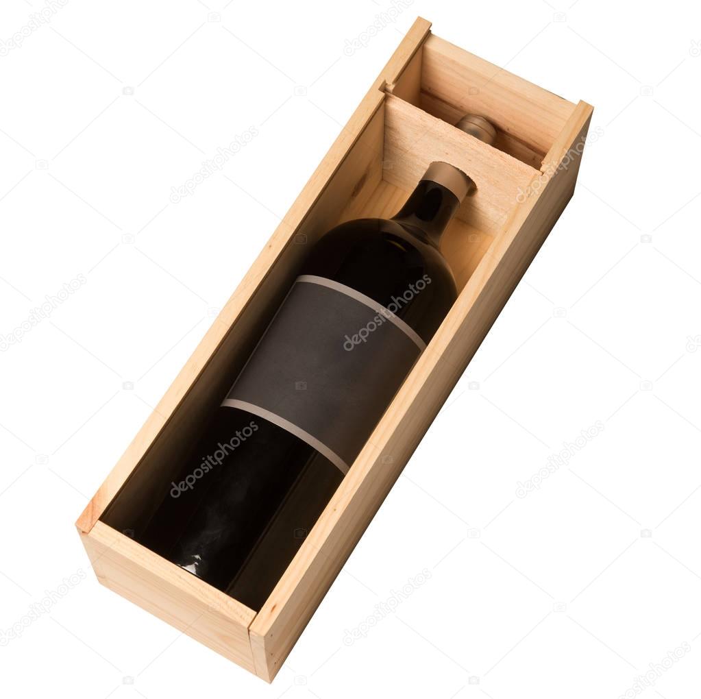 Wine bottle in wooden box isolated on white background