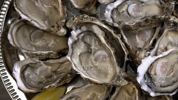 Rauwe oesters met citroen op hout bestuur en fles wijn en glas — Stockvideo