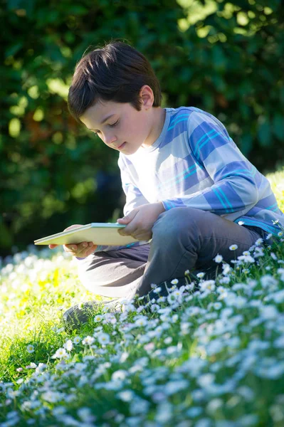 Çocuk çimlere oturup kitap okumak — Stok fotoğraf