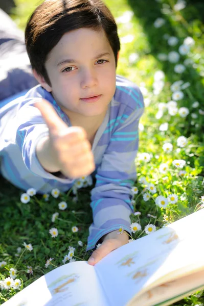 Niño leyendo un libro sobre la hierba alargada — Foto de Stock