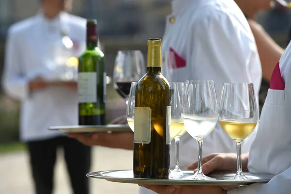 Официанты подают виноград на свадебной вечеринке под открытым небом — стоковое фото