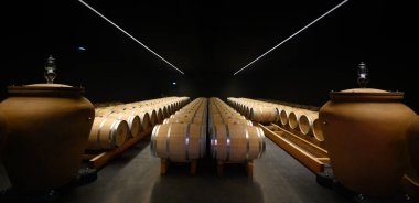 Şarap mahzeni, amforo ve fıçı, Bordeaux üzüm bağı.