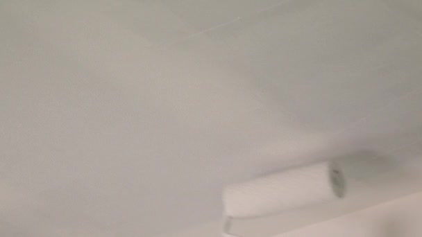 Roller ζωγραφική λευκό τοίχο, οροφή με λευκό χρώμα — Αρχείο Βίντεο