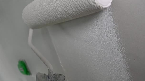 Pintura de rodillo pared blanca, techo con pintura blanca — Vídeo de stock