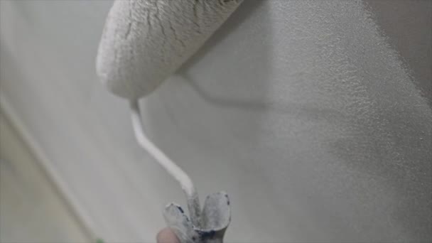 Peinture à rouleau mur blanc, plafond avec peinture blanche — Video