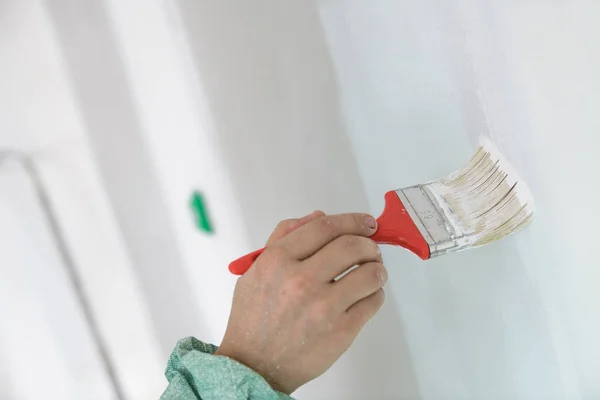 Renovação homem pintando uma parede, trabalho de escova — Fotografia de Stock