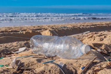 Plajdaki plastik şişe, kirlilik.