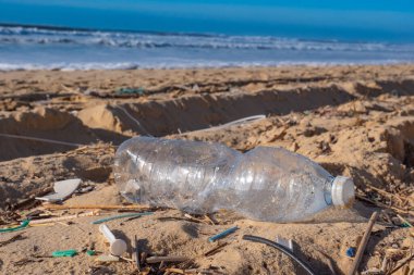 Plajdaki plastik şişe, kirlilik.
