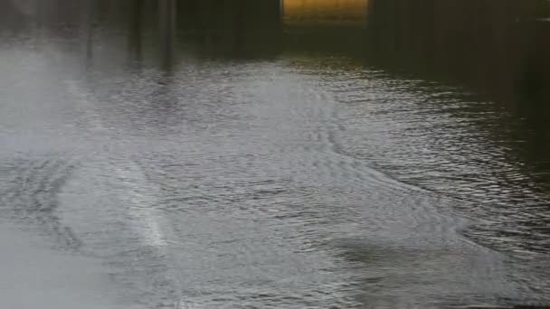 Agua sobre la carretera, carretera inundada por el desbordamiento de un río y señal de peligro de la carretera — Vídeos de Stock