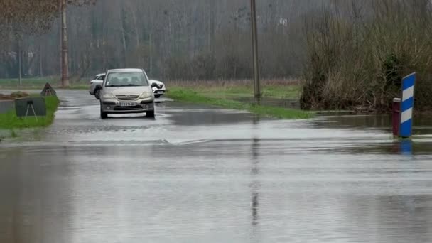 Água na estrada, estrada inundada por transbordamento de um rio e perigo de sinalização rodoviária — Vídeo de Stock