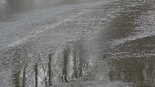 Agua sobre la carretera, carretera inundada por el desbordamiento de un río y señal de peligro de la carretera — Vídeo de stock