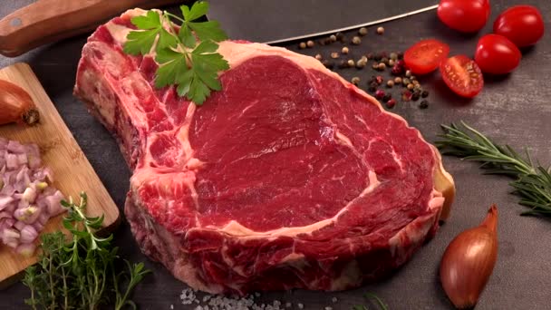 Pezzo di carne cruda cosparsa di spezie e pepe — Video Stock