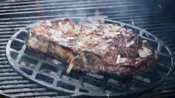 Großes saftiges Beef Rib Eye Steak auf einem heißen Grill mit Holzkohle und Flammen — Stockvideo