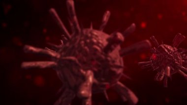 İnsan vücudunda dönen Corona virüsü, 3 boyutlu görüntüleme, dönen ve hareket eden virüsler, insan vücudundaki virüs Corona hücresinin 3 boyutlu canlandırması.