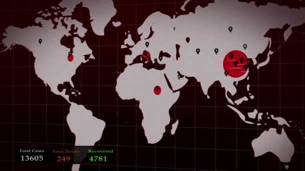 コロナウイルスCovid 19世界地図 黒ポインタカウンターケースディスプレイ コンセプト 3Dレンダリングと中国のウイルス感染症 4K分解能 — ストック動画