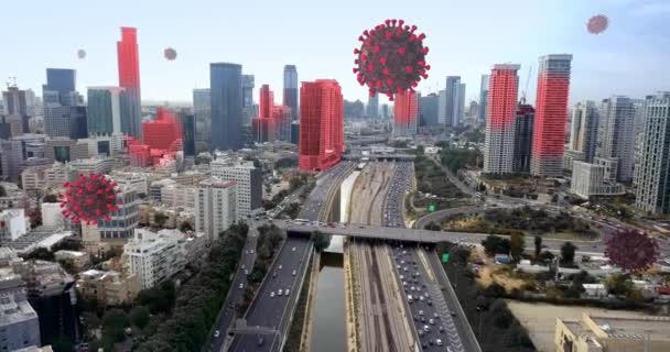 大都市3Dレンダリングに対するコロナウイルスCovid 19侵入グローバルヘルス警告恐怖拡散感染概念デジタル複合体 — ストック動画