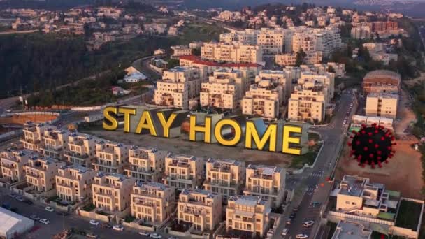 Coronavirus Covid Bleiben Sie Hause Titel Über Kleine Gebäude Nachbarschaft — Stockvideo
