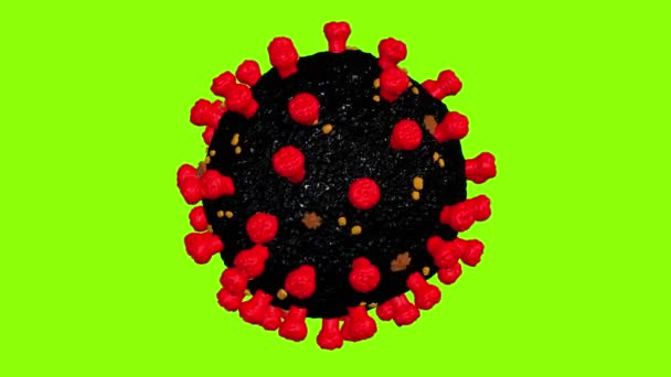 コロナウイルス Covid ループモードでの回転 シームレスなループ3Dレンダリング 緑の背景に赤い冠モデルと黒の焼結液体 — ストック動画