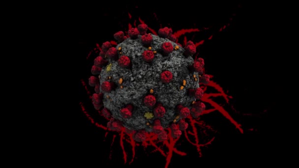 コロナウイルス Covid 拡散感染概念3Dレンダリング希少な赤アブストラクト黒色の背景にコロナウイルスの背後に広がるグランジ感染 — ストック動画