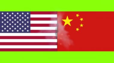 Usa Çin savaş konsepti animasyon silici geçiş bayrakları yeşil arka planda çarpışma ve duman, kavram