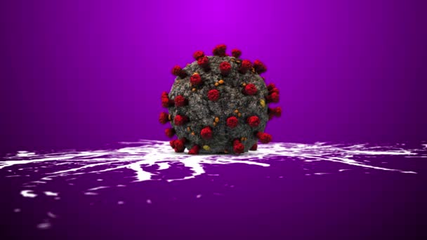 コロナウイルス Covid 感染拡大概念3Dレンダリングホワイトアブストラクト紫色の背景にコロナウイルスの下に広がるグランジ感染 — ストック動画