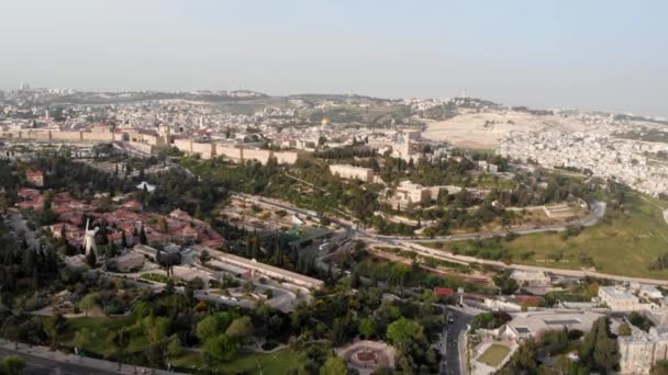 Las Antiguas Murallas Ciudad Jerusalén Vista Aéreahermoso Plano Aéreo Del — Vídeos de Stock