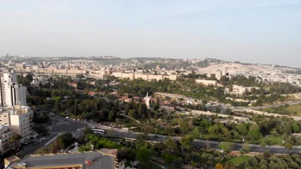 Las Antiguas Murallas Ciudad Jerusalén Vista Aéreahermoso Plano Aéreo Del — Vídeos de Stock