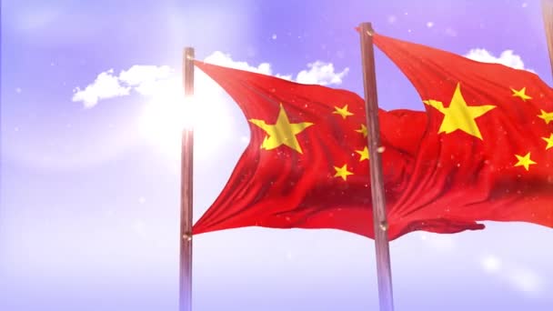 Banderas China Con Cielo Llamarada Nubes Fondo Dolly Disparó — Vídeos de Stock