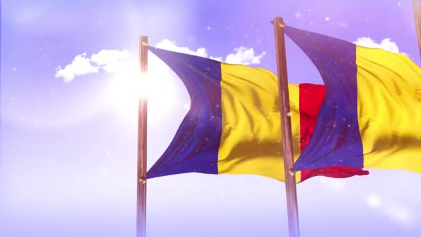 Romênia Bandeiras Com Céu Flamejante Nuvens Fundo Dolly Tiro — Vídeo de Stock