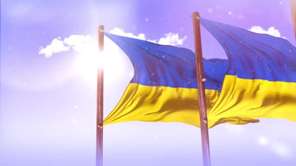 Oekraïne Vlaggen Met Flarden Lucht Wolken Achtergrond Dolly Geschoten — Stockvideo