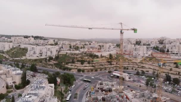 Jerusalem Byggarbetsplats Och Kranar Flygutsikt Flyg Över Kranar Och Byggarbetsplats — Stockvideo