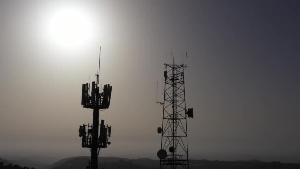 Radio Cell Antenna Silhouette Aerial View Beautiful Slow Fly Shot — 비디오