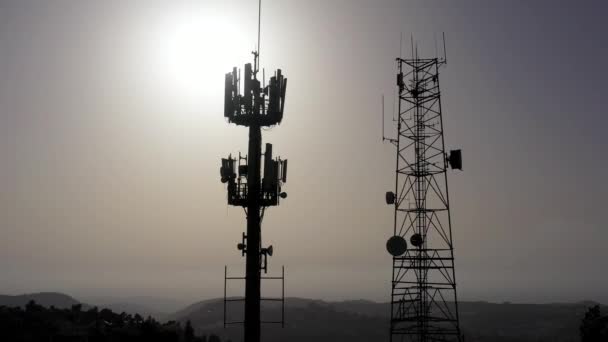 Radio Cell Antenna Silhouette Aerial View Beautiful Slow Fly Shot — 비디오