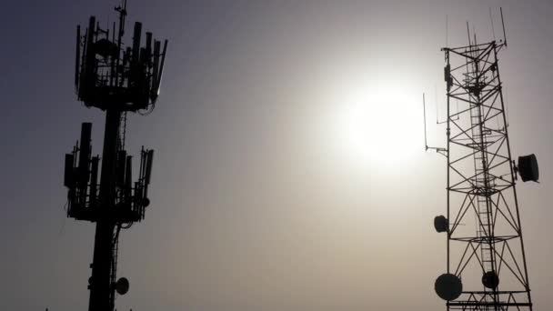 Radio Cell Antenna Silhouette Aerial View Beautiful Slow Fly Shot — 비디오