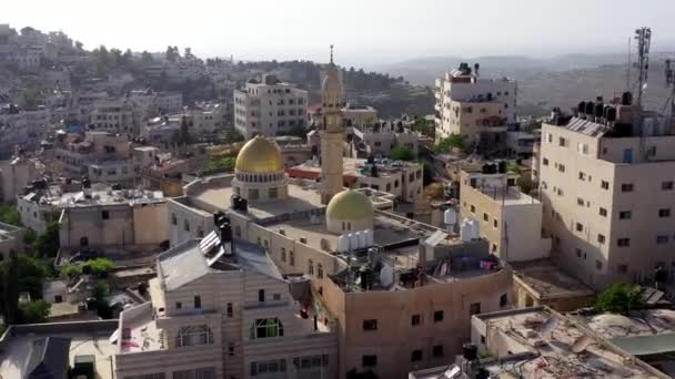 Aerial View Golden Dome Mosque Hamas Green Flag Palestine Town — Stock Video