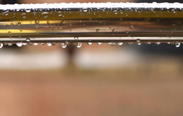 Drops Crystal Raining Water Dripping Metallic Bar Rainy Day Abstract — Stock Photo, Image