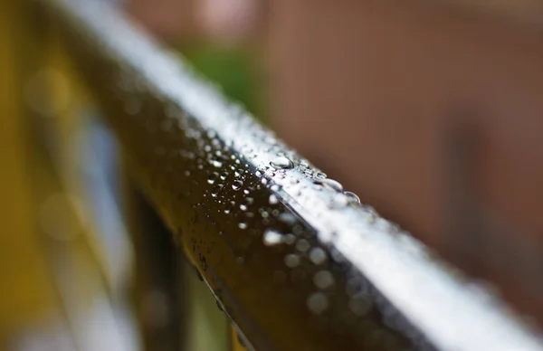 Raindrops Chrome Handrail Rainy Weather Selective Focus Drops Abstract Picture — Stock Photo, Image