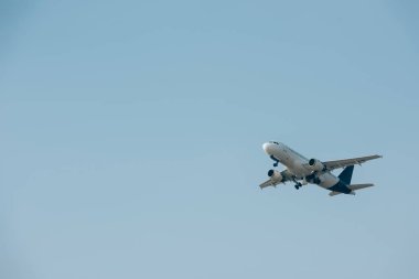 Ticari jet uçağı mavi gökyüzünde, fotokopi alanıyla havalanıyor. 