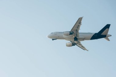 Mavi gökyüzünde ticari jet gemisinin alçak açılı görüntüsü