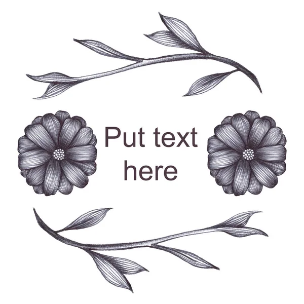 Gray Scale Flowers Wreath Leaves White Isolated Background Drawing Pen — Stock Photo, Image