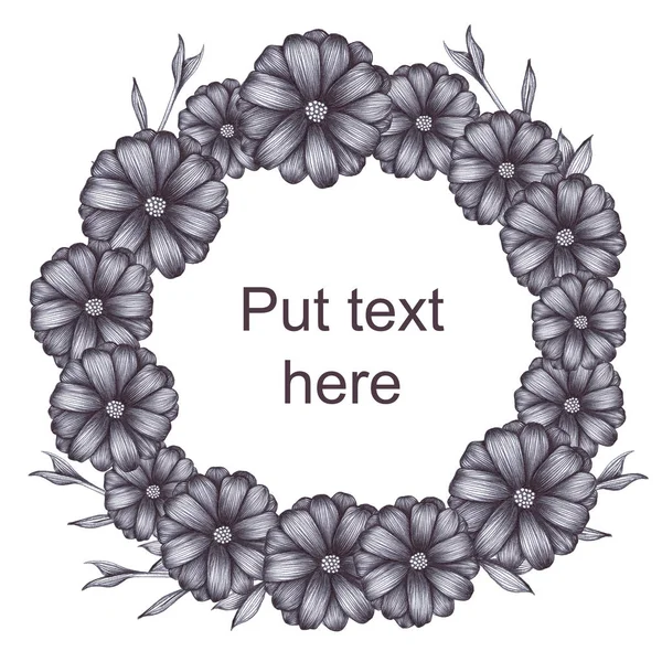 Gray Scale Flowers Wreath Leaves White Isolated Background Drawing Pen — Stock Photo, Image